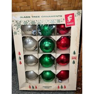 Vintage Christmas Glass Ball Ornaments-USA Grn/Red/Wht FRANKE Round 12 Ct in Box